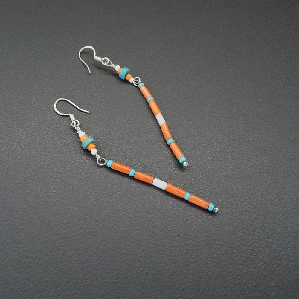 Sterling Silver Turquoise & Orange Coral Beaded Earrings | Boho Dangle